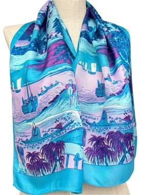 Vintage Asian Scenic Silk Blend Scarf Blue Purple Fishing Town Landscape Scene